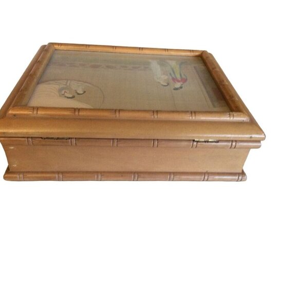 Vintage Bamboo-Style Wooden Jewelry Box With Asian-Inspired Glass-Lid Design & I - Picture 6 of 7